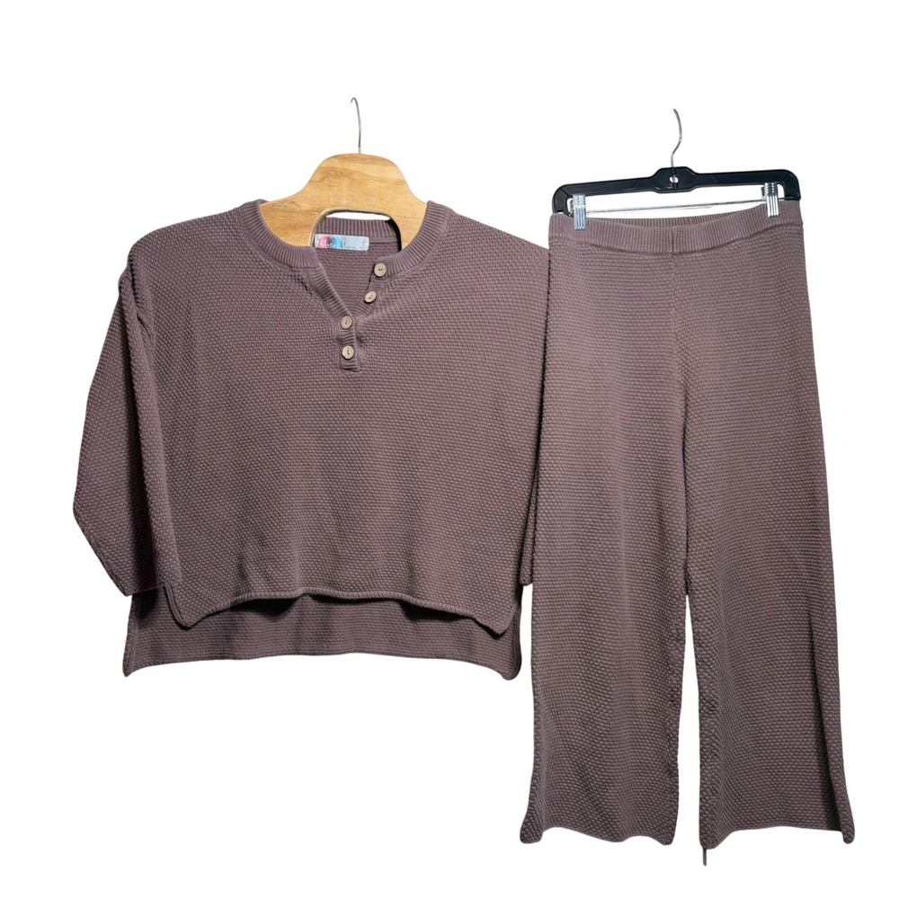 Free People FP Beach Mauve Waffle Knit Henley Top & Wide Leg Pants Set Small